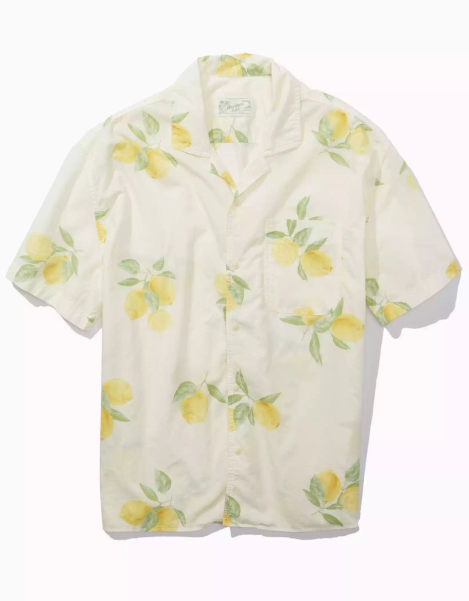 Hauts Flanelle American Eagle AE Lemon Printed Button-Up Poolside Shirt Jaune Homme | KOY-81877938